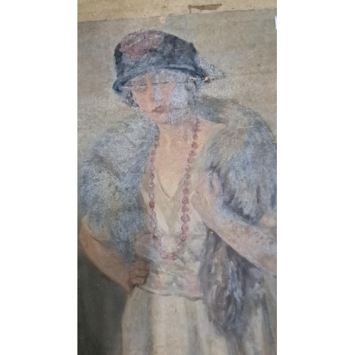 662 - This is a watercolor portrait of a woman dressed in 1920s attire, including a fur stole and a beaded... 