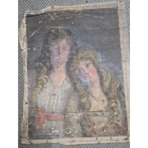 664 - Oil painting on canvas depicting two female figures. The artwork features muted tones and delicate b... 