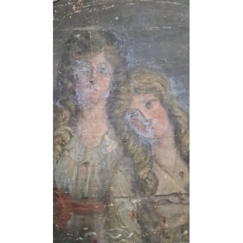 664 - Oil painting on canvas depicting two female figures. The artwork features muted tones and delicate b... 