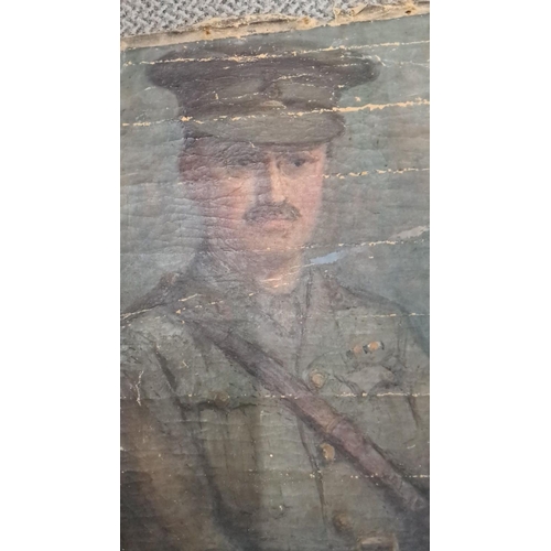 666 - World War I military portrait, oil on canvas. The portrait represents a uniformed soldier with a mus... 