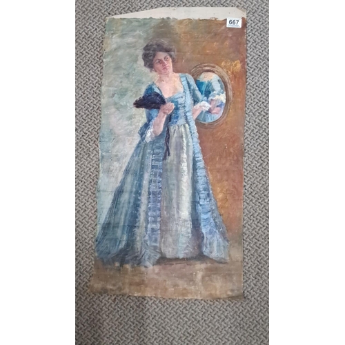 667 - Oil painting portrays a woman in period dress holding an object, looking into a mirror. The artwork ... 