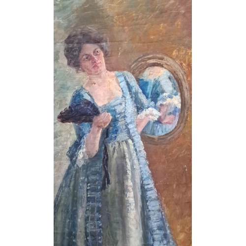 667 - Oil painting portrays a woman in period dress holding an object, looking into a mirror. The artwork ... 