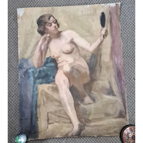 668 - This is an oil painting of a nude woman with a mirror, crafted in a classical style on canvas. The a... 