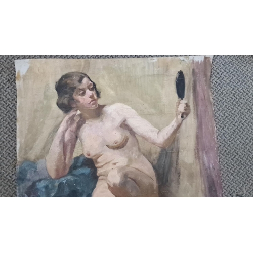 668 - This is an oil painting of a nude woman with a mirror, crafted in a classical style on canvas. The a... 