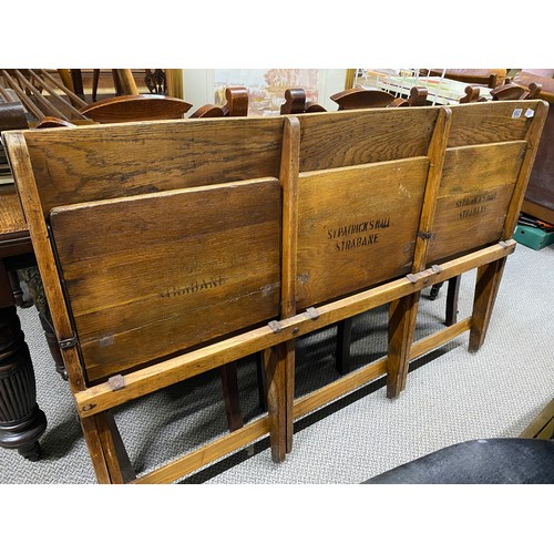 682 - A vintage three seater folding chair set, 141cm x 90cm.