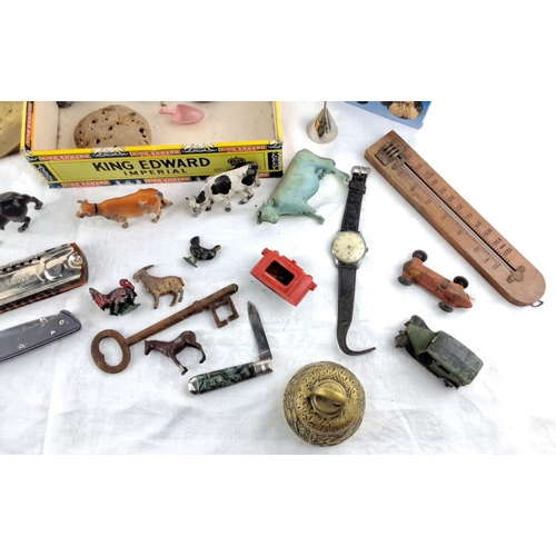 10 - Mixed lot of vintage collectibles includes King Edward tobacco box, pocket knives, assorted miniatur... 