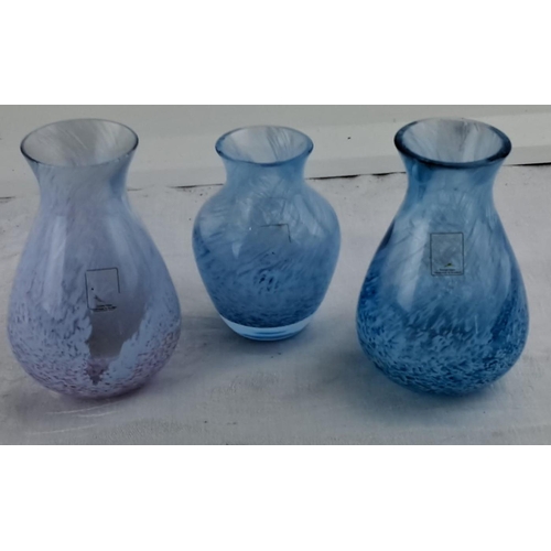 14 - Set of four hand-blown glass vases: one large clear vase with brown swirls and three small blue and ... 