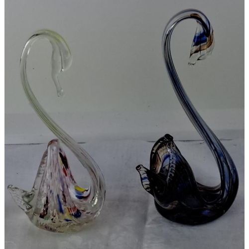 15 - Collection of glass art pieces, including two Murano-style swan figurines and a green Laguna glass h... 