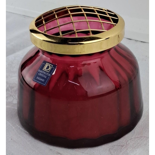 21 - Dartington Crystal red glass flower vase with gold-tone metal grid lid, made in England.