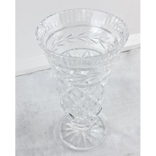 25 - Cut glass vase with intricate diamond pattern, featuring a flared rim and sturdy base.