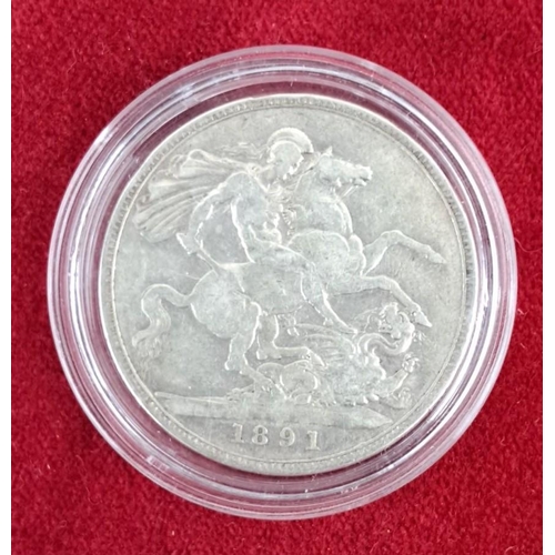 36 - 1891 Victoria Crown silver coin features Queen Victoria on the obverse and St. George and the Dragon... 