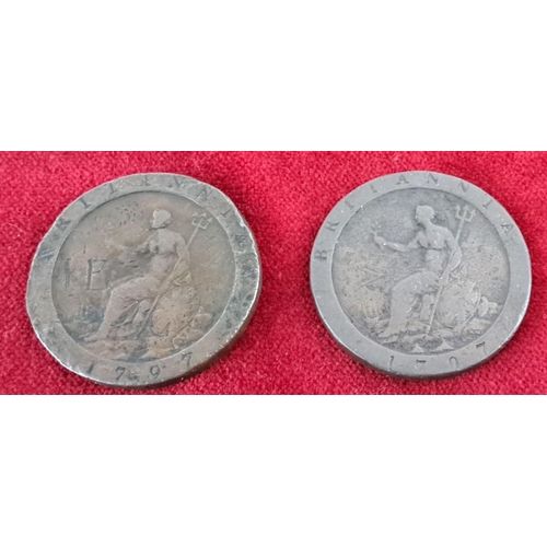 39 - Two 1797 George III Cartwheel Pennies feature a portrait of King George III on the obverse and Brita... 