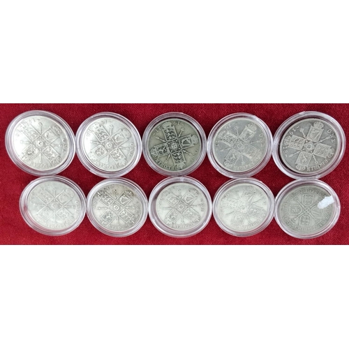 50 - Set of 10 British George V One Florin silver coins, dated 1916, encased in protective holders. Each ... 