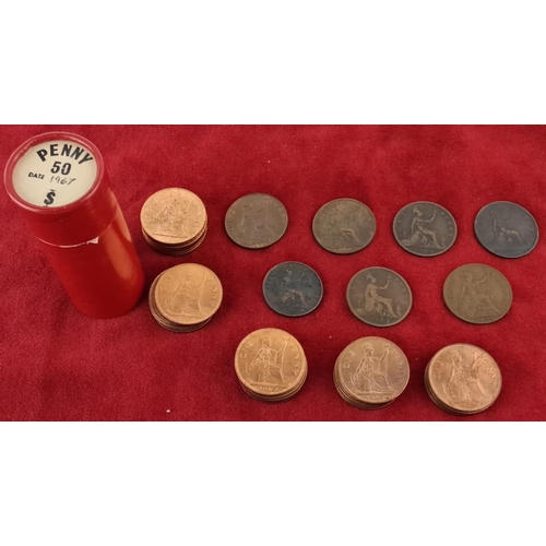 52 - Collection of pennies, including a roll of 50 pennies dated 1967 and numerous vintage British pennie... 