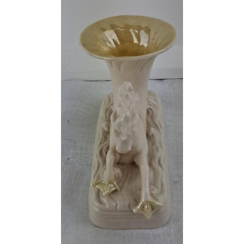 62 - Unusual Belleek vase featuring a seahorse design, white with gold accents, measures 8 inches in heig... 