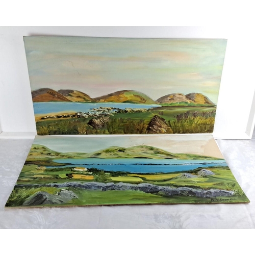 70 - Pair of oil paintings by R. O'Donnell, showcasing serene lake and mountain landscapes. Detailed brus... 