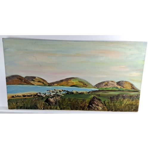 70 - Pair of oil paintings by R. O'Donnell, showcasing serene lake and mountain landscapes. Detailed brus... 