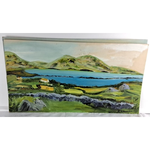 70 - Pair of oil paintings by R. O'Donnell, showcasing serene lake and mountain landscapes. Detailed brus... 