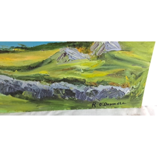 70 - Pair of oil paintings by R. O'Donnell, showcasing serene lake and mountain landscapes. Detailed brus... 