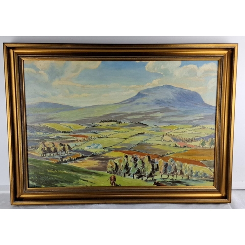 71 - Oil on canvas landscape painting showcasing a vast countryside with hills and farmland, framed in a ... 