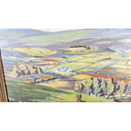 71 - Oil on canvas landscape painting showcasing a vast countryside with hills and farmland, framed in a ... 