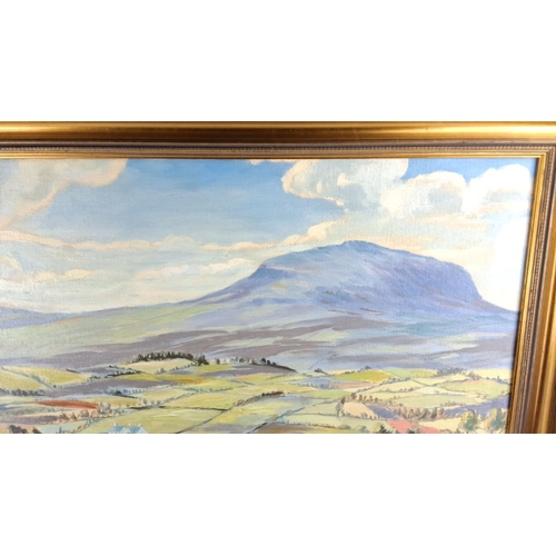 71 - Oil on canvas landscape painting showcasing a vast countryside with hills and farmland, framed in a ... 