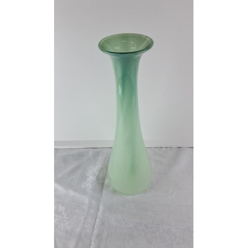 76 - Mid-Century Modern frosted glass vase with a flared rim and subtle green tint.