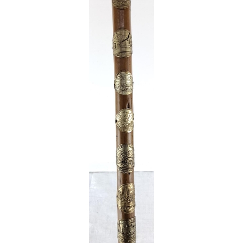 77 - Vintage walking stick adorned with multiple badges from various regions, featuring detailed engravin... 