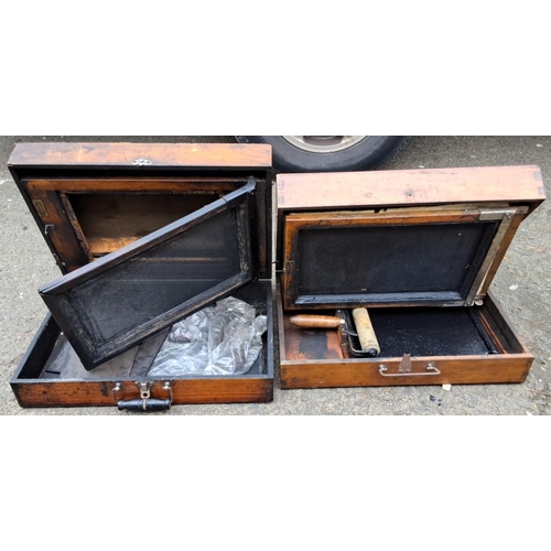 84 - Pair of vintage wooden boxes, one marked with Ellams Duplicator Patent Self-Rising from 12 King St. ... 