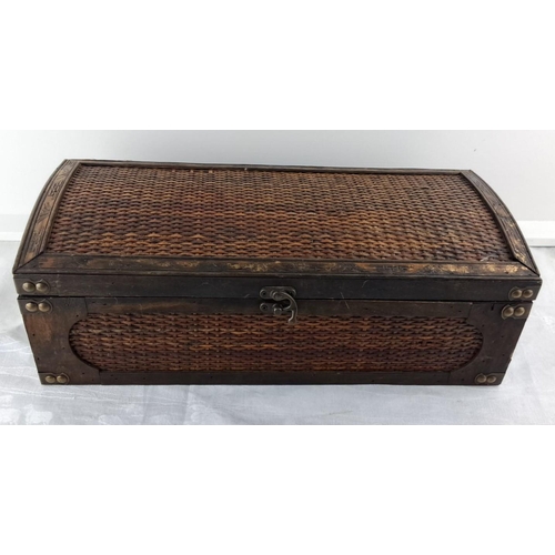 9 - Ornate wooden and wicker treasure chest with brass fittings, containing an assorted collection of co... 