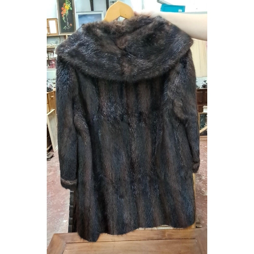 584 - Vintage dark brown fur coat features a wide collar and lapels, long sleeves, and a full-length desig... 