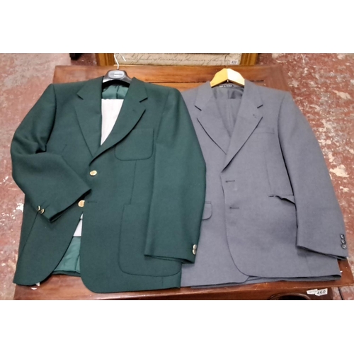 588 - Two blazers: one forest green with gold buttons, and one gray with a notch lapel. Material: 55% poly... 