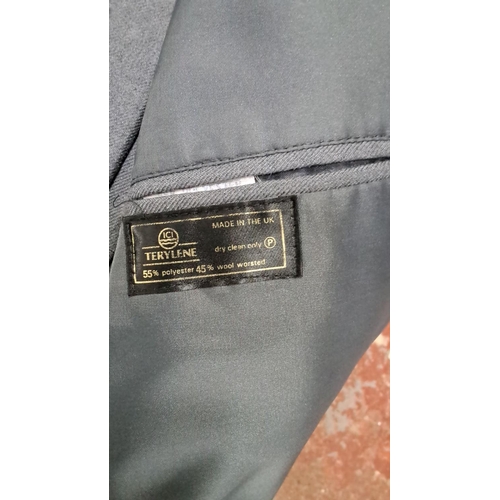 588 - Two blazers: one forest green with gold buttons, and one gray with a notch lapel. Material: 55% poly... 