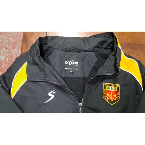 590 - Portrush Bowling Club blazer with badges, Onside Sports black and yellow zip-up jacket, and white v-... 