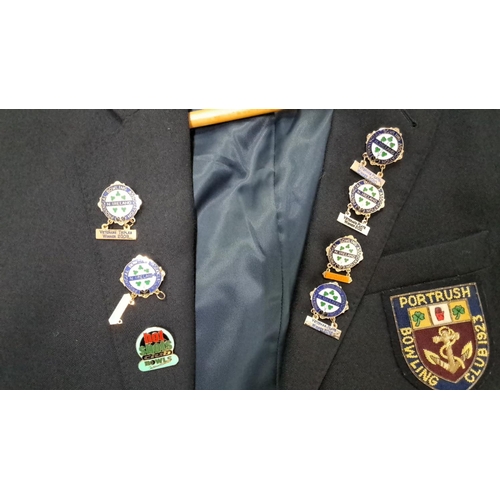 590 - Portrush Bowling Club blazer with badges, Onside Sports black and yellow zip-up jacket, and white v-... 