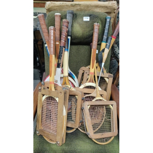 535 - Collection of vintage wooden tennis rackets with wood press frames. Various brands and designs.