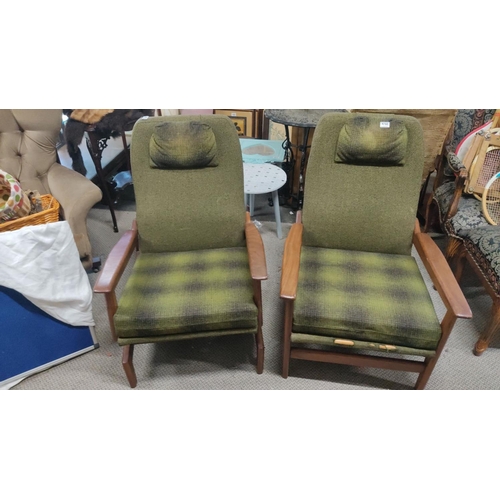 536 - Pair of Mid-Century Modern chairs, to include rocker & armchair, with original green upholstery and ... 