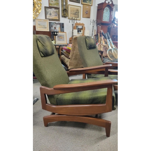 536 - Pair of Mid-Century Modern chairs, to include rocker & armchair, with original green upholstery and ... 