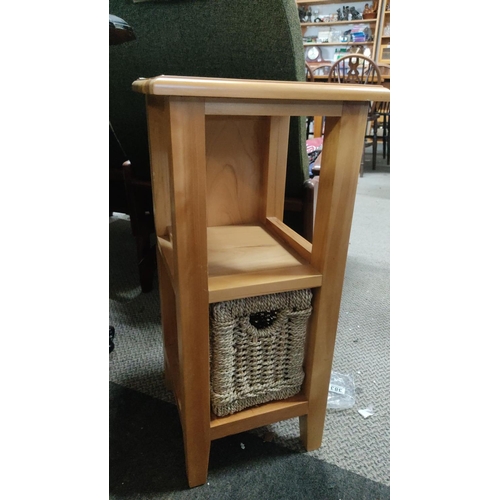 541 - Wooden side table with storage shelf and a woven rattan drawer basket. Contemporary design.  Measuri... 