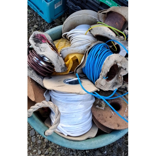 2 - Mixed lot of various electrical cables in a large green bin, including blue, white, brown, and yello... 