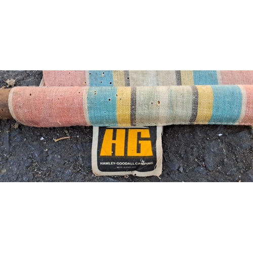 28 - Vintage Hawley-Goodall Camping Windbreak with pastel horizontal stripes and wooden poles. Made in En... 