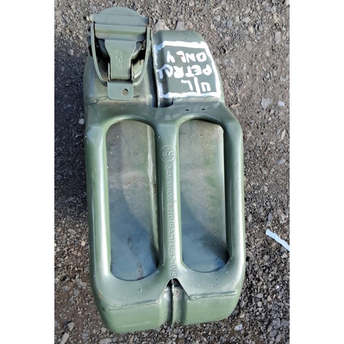 3 - 20L metal jerry can in olive drab, featuring a secure spout with locking mechanism. Stamped with 