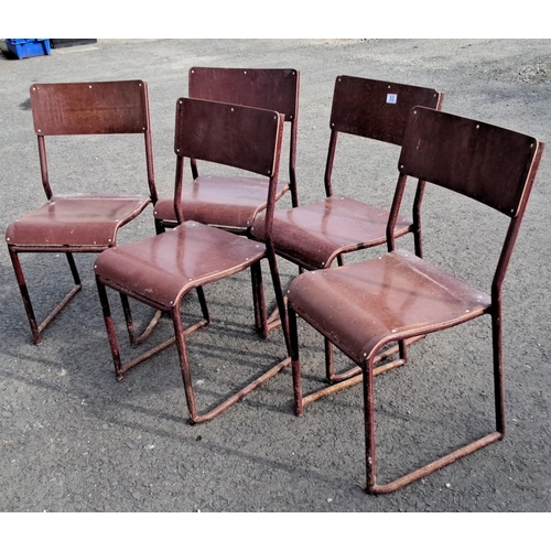 53 - Set of five vintage industrial chairs, featuring brown wooden seats and backrests with metal frames.