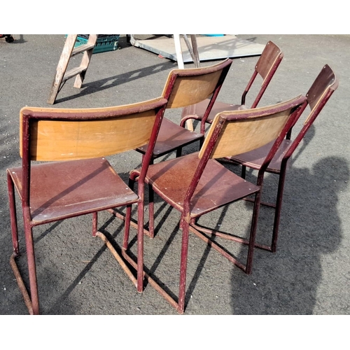 53 - Set of five vintage industrial chairs, featuring brown wooden seats and backrests with metal frames.