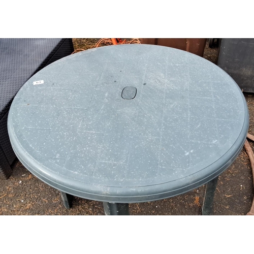 63 - Outdoor round plastic table, green, with four detachable legs and a central hole for an umbrella sta... 