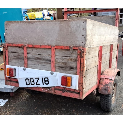 72 - Vintage wooden trailer with red metal frame, single axle.