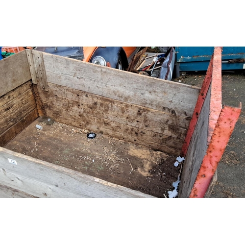 72 - Vintage wooden trailer with red metal frame, single axle.