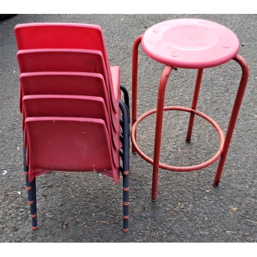 73 - Set of five red child's stacking chairs with black frames and one red metal stool.