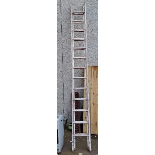 75 - Vintage wooden ladder with weathered paint finish, featuring fourteen sturdy rungs. Classic and rust... 