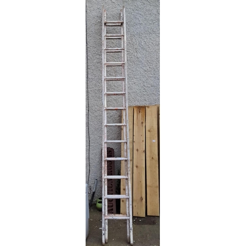 75 - Vintage wooden ladder with weathered paint finish, featuring fourteen sturdy rungs. Classic and rust... 